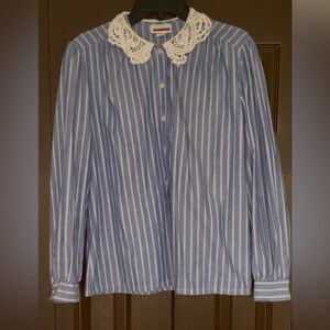Blue and White Striped Blouse with Lace Collar